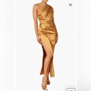 NWT- Petal & Pup Nadia One-Shoulder Satin Maxi Dress, Bronze, size 10